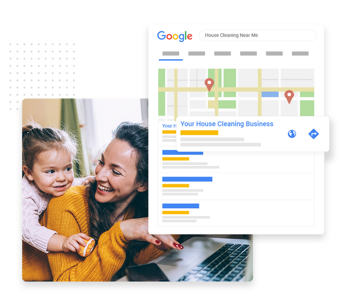 Smiling mom and daughter with laptop overlaid with local Google maps listing for a house cleaner House cleaning SEO
