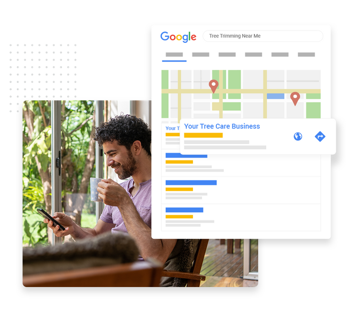 Smiling man with phone overlaid with local Google maps listing for a tree care company tree care SEO