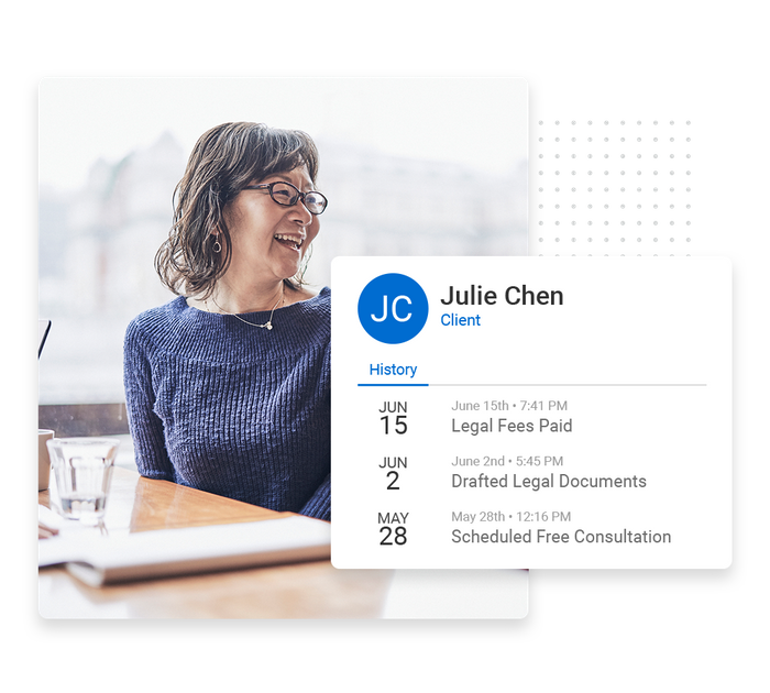 Smiling woman sitting at a table in a restaurant overlaid with client history details from the Marketing 360® CRM Law firm CRM