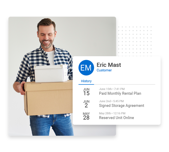 Smiling man holding boxes overlaid with client history details from the Marketing 360® CRM self storage CRM