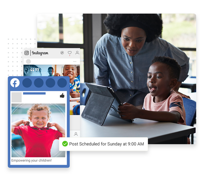 Mom and son look at tablet overlaid with social posts and a checkmark indicating social posts were scheduled Child care social media management